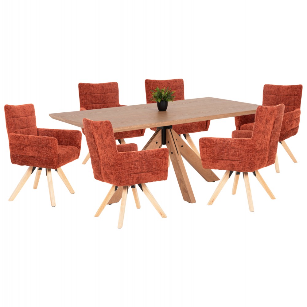 Σετ τραπεζαρίας 7τμχ από ξύλο/ύφασμα σε φυσικό/κεραμιδί χρώμα 180x90x75