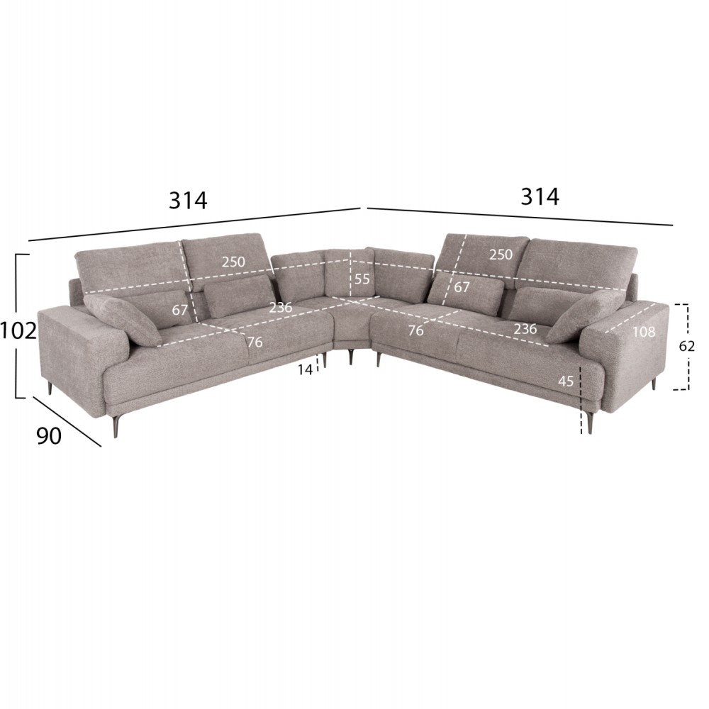 Γωνιακός καναπές "SYMMET" από μέταλλο/ύφασμα σε ανθρακί/ανοιχτό γκρι χρώμα 314x236x102