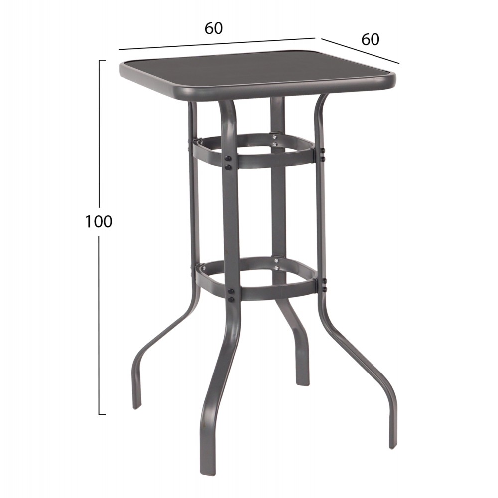 Τραπέζι μπαρ "FIGGY" από μέταλλο/γυαλί ασφαλείας σε χρώμα γκρι 60x60x100