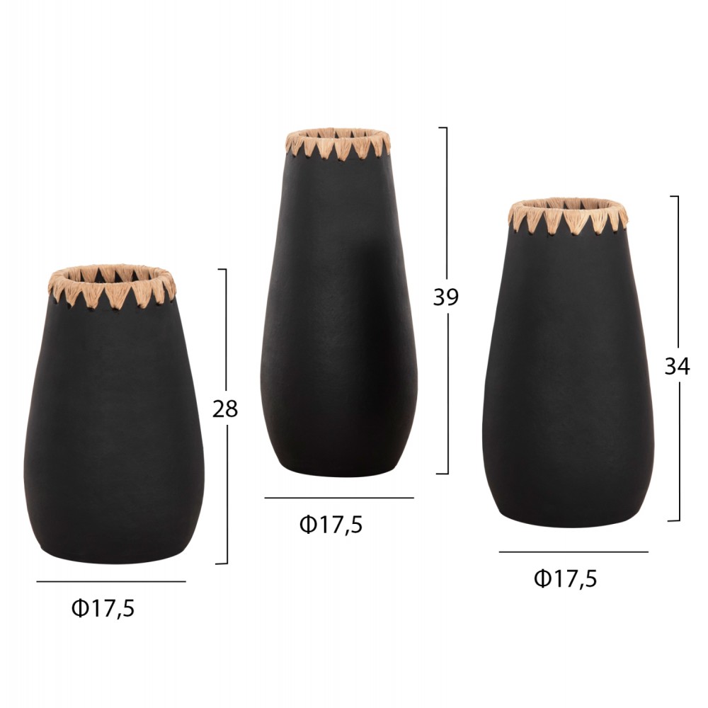 Σετ 3τμχ διακοσμητικά βάζα από τερακότα/ψάθα σε χρώμα μαύρο/φυσικό  Φ17.5x39