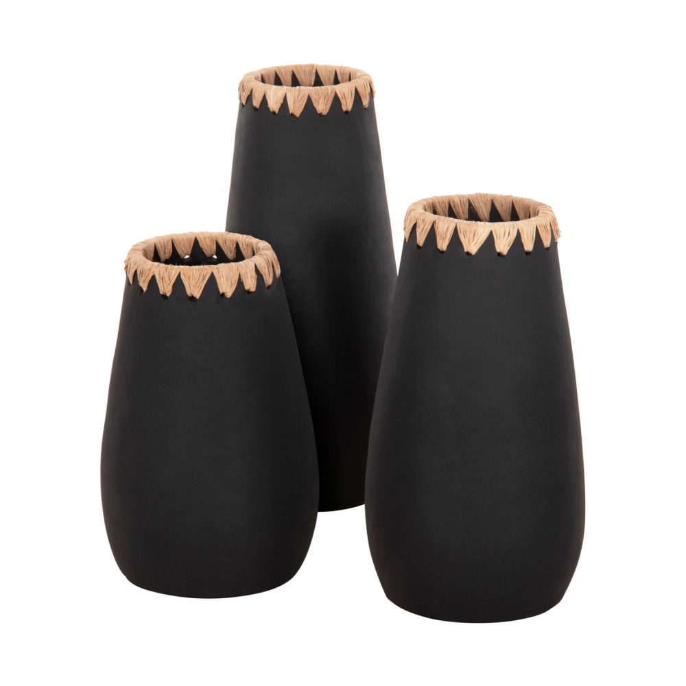 Σετ 3τμχ διακοσμητικά βάζα από τερακότα/ψάθα σε χρώμα μαύρο/φυσικό  Φ17.5x39