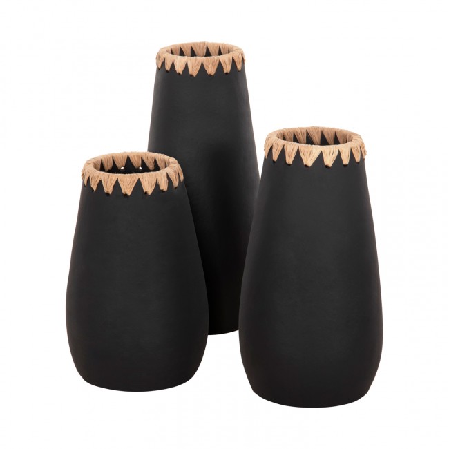 Σετ 3τμχ διακοσμητικά βάζα από τερακότα/ψάθα σε χρώμα μαύρο/φυσικό  Φ17.5x39