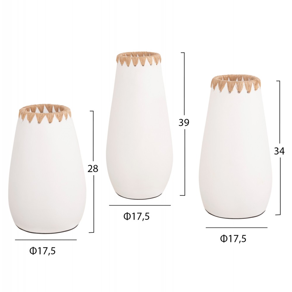 Σετ 3τμχ διακοσμητικά βάζα από τερακότα/ψάθα σε χρώμα λευκό/φυσικό  Φ17.5x39