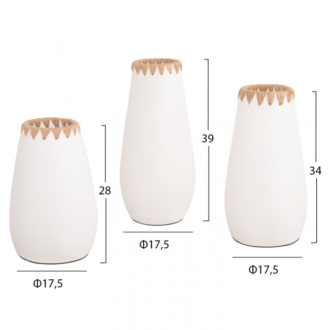Σετ 3τμχ διακοσμητικά βάζα από τερακότα/ψάθα σε χρώμα λευκό/φυσικό  Φ17.5x39