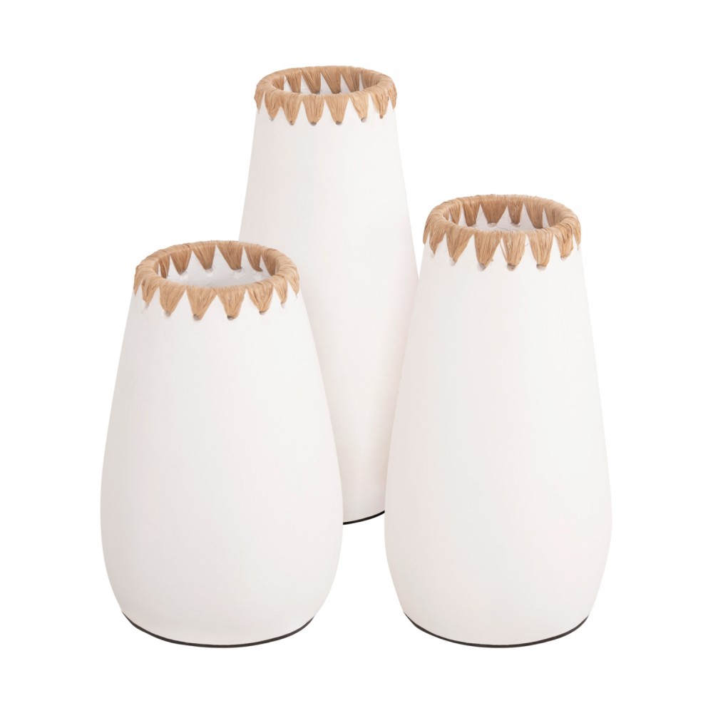 Σετ 3τμχ διακοσμητικά βάζα από τερακότα/ψάθα σε χρώμα λευκό/φυσικό  Φ17.5x39