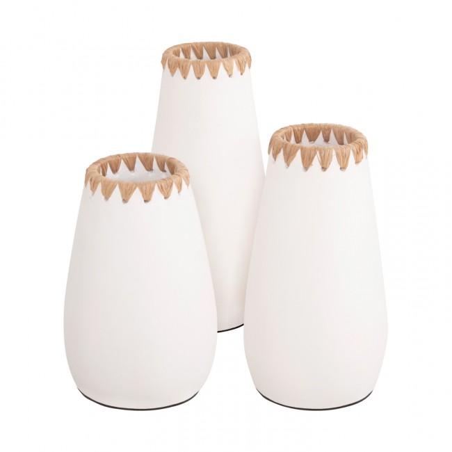 Σετ 3τμχ διακοσμητικά βάζα από τερακότα/ψάθα σε χρώμα λευκό/φυσικό  Φ17.5x39