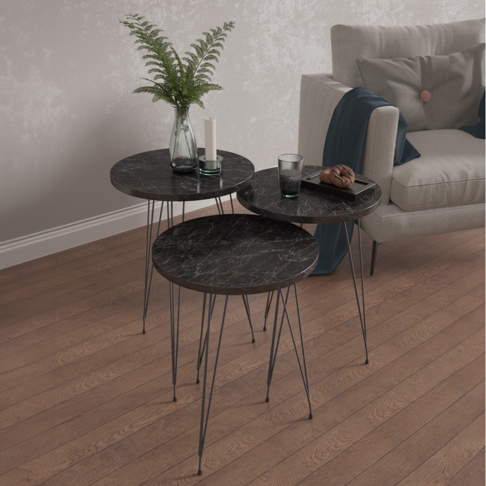 Σετ βοηθητικά τραπέζια "NISSA" 3τμχ σε μαύρο χρώμα μαρμάρου Φ33x56