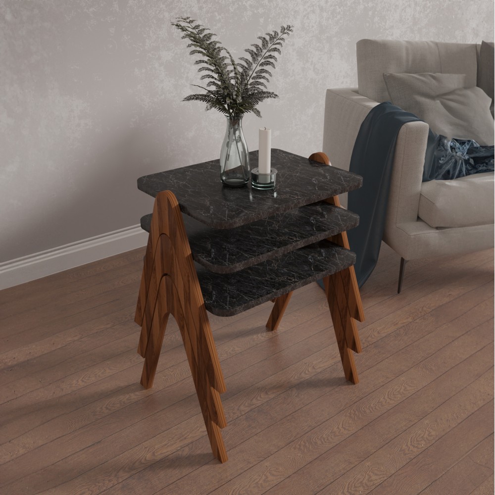 Σετ βοηθητικά τραπεζάκια ''REACHER'' σε καρυδί/μαύρο μαρμάρου 40x30x40