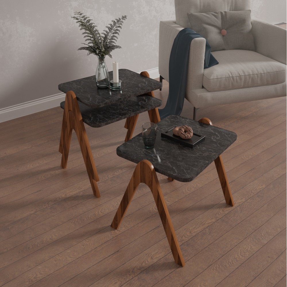 Σετ βοηθητικά τραπεζάκια ''REACHER'' σε καρυδί/μαύρο μαρμάρου 40x30x40