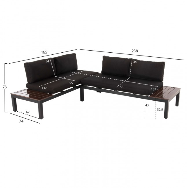 Σετ σαλόνι πολυμορφικό 3τμχ ''DEX'' από αλουμίνιο/ύφασμα σε χρώμα καφέ/ανθρακί 164x74x73