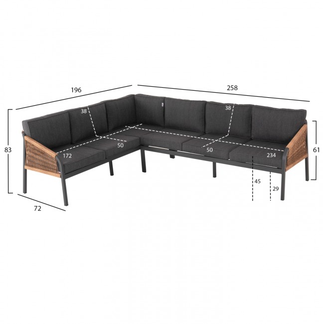 Σαλόνι γωνία ''MAERLY'' από αλουμίνιο/polywood σε χρώμα ανθρακί/φυσικό 258x72x83