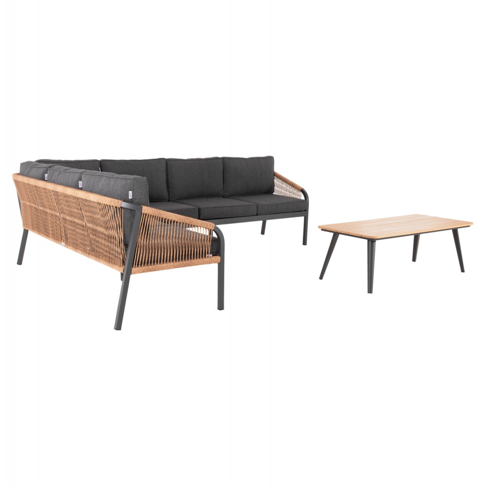 Σαλόνι γωνία ''MAERLY'' από αλουμίνιο/polywood σε χρώμα ανθρακί/φυσικό 258x72x83