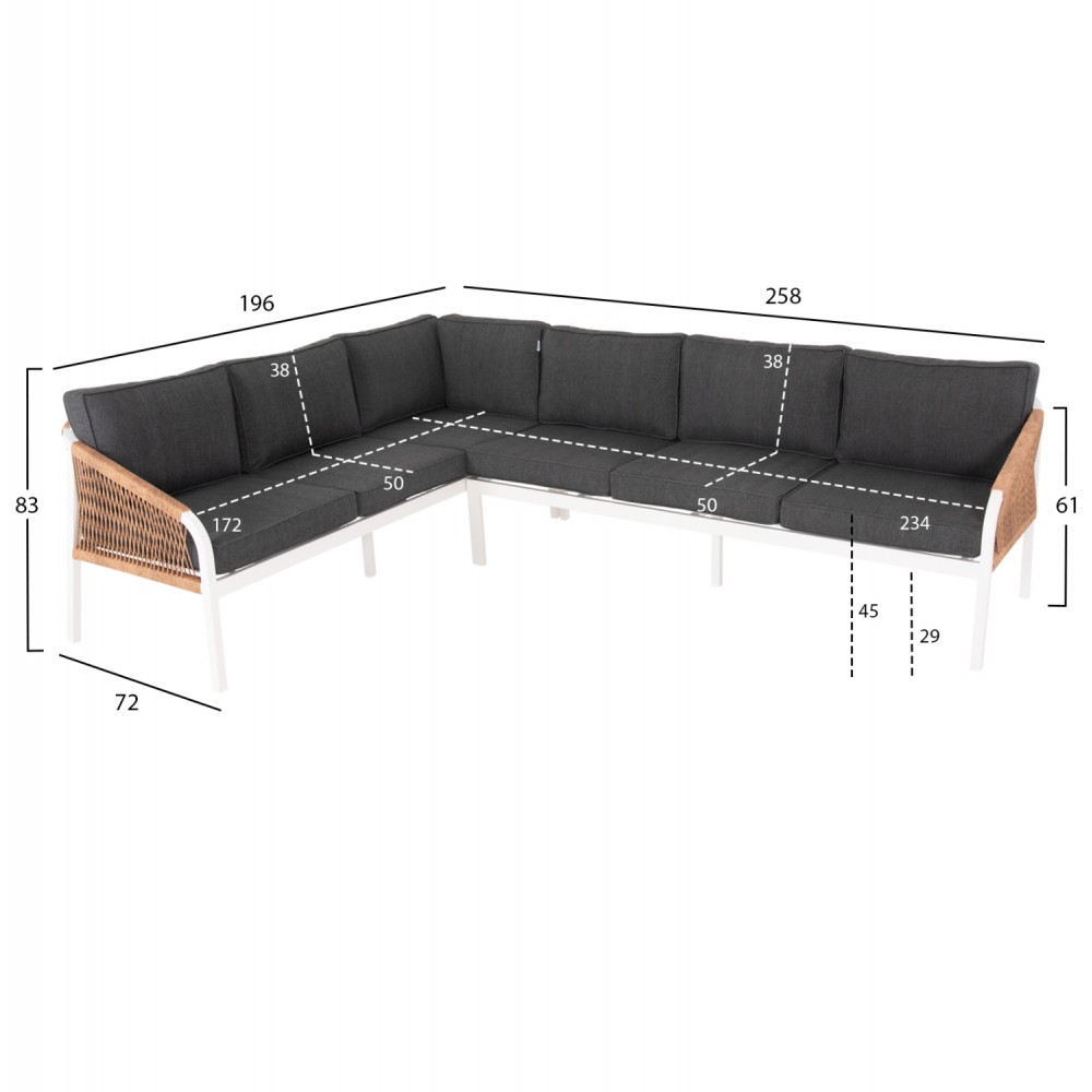 Σαλόνι γωνία ''MAERLY'' από αλουμίνιο/ύφασμα σε χρώμα λευκό/ανθρακί 258x196x83