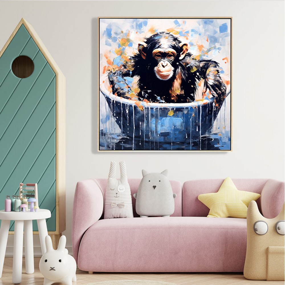 Πίνακας τοίχου σε καμβά πιθηκάκι με κορνίζα σε χρώμα μπεζ 62x4.5x62