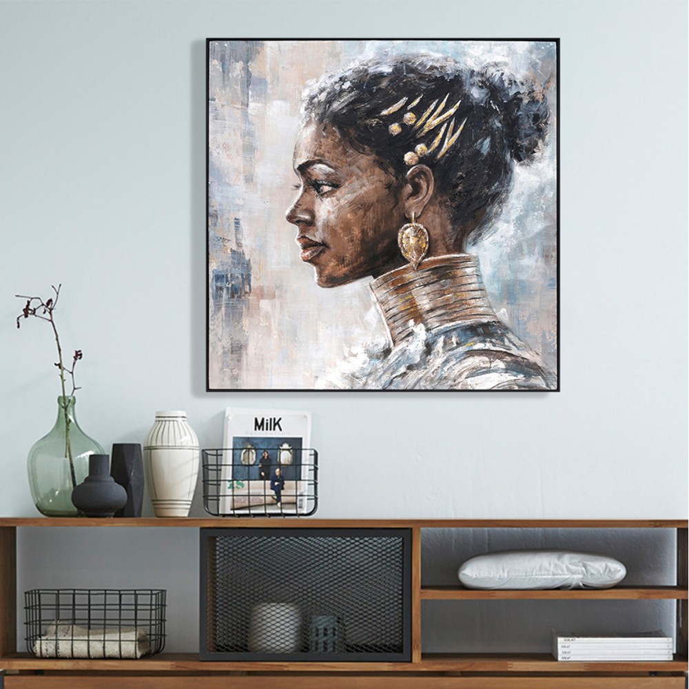 Πίνακας τοίχου τετράγωνος προφίλ γυναίκας σε καμβά με κορνίζα σε χρώμα μαύρο 102x4.5x102