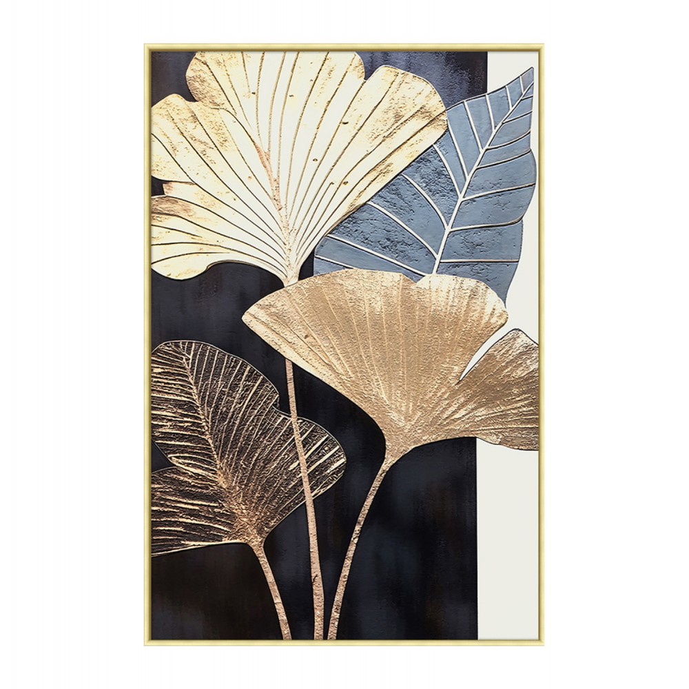 Πίνακας τοίχου πλατιά φύλλα σε καμβά με κορνίζα σε χρώμα μπεζ  52.5x2.8x72.5