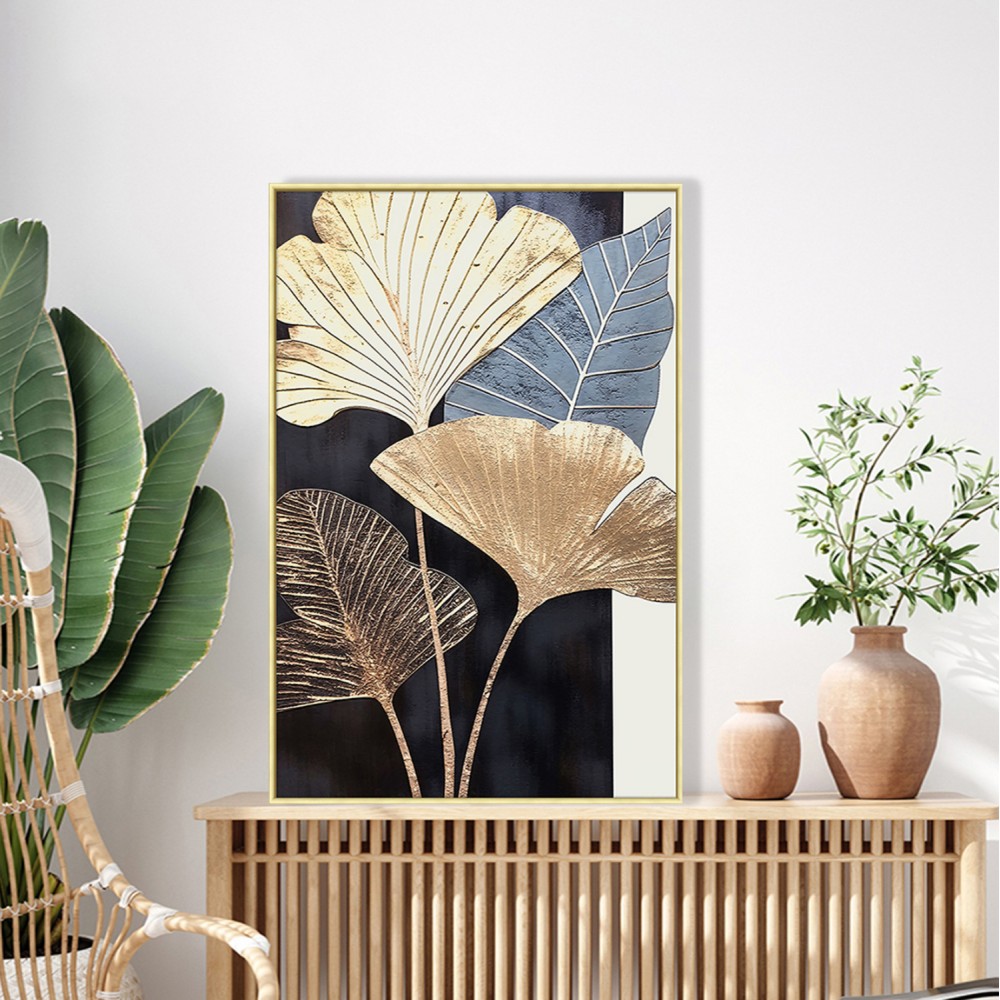 Πίνακας τοίχου πλατιά φύλλα σε καμβά με κορνίζα σε χρώμα μπεζ  52.5x2.8x72.5