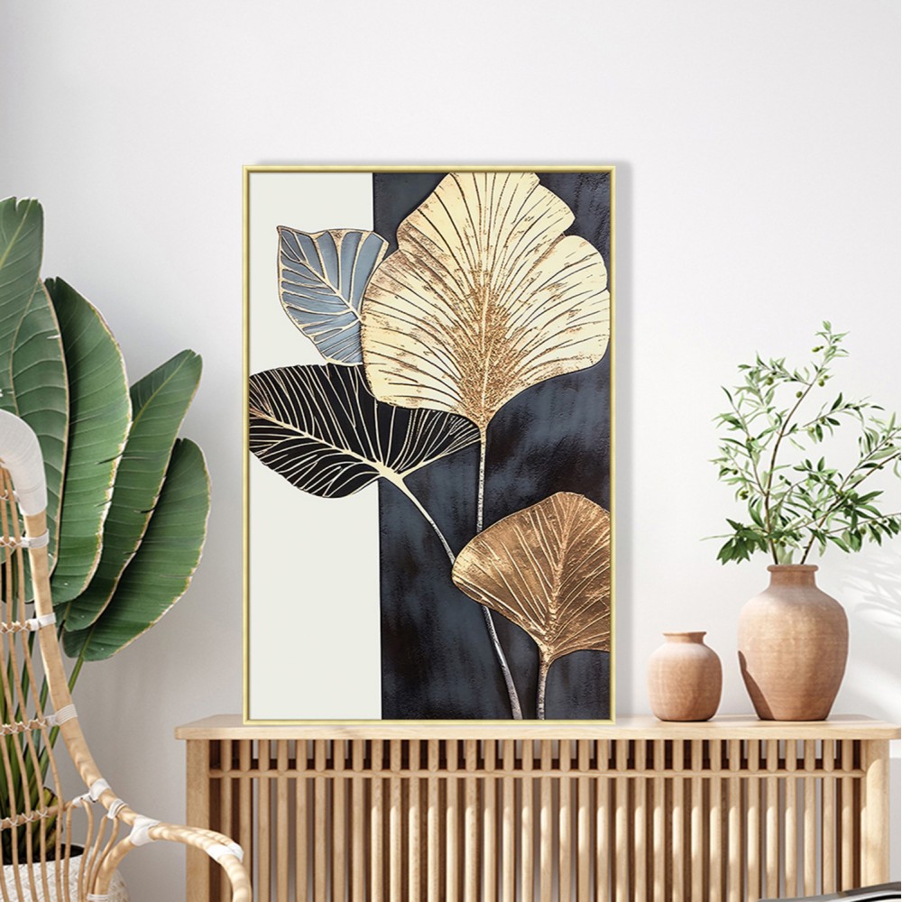 Πίνακας τοίχου πλατιά φύλλα σε καμβά με κορνίζα σε χρώμα μπεζ 52.5x2.8x72.5