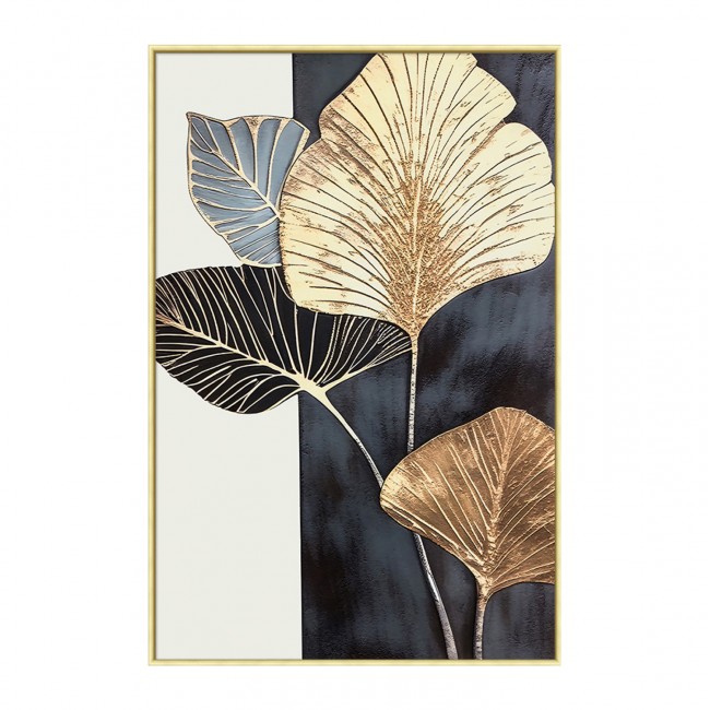 Πίνακας τοίχου πλατιά φύλλα σε καμβά με κορνίζα σε χρώμα μπεζ 52.5x2.8x72.5