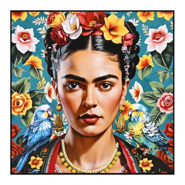 Πίνακας τοίχου γυναικεία φιγούρα-παπαγάλοι σε καμβά με κορνίζα σε χρώμα μαύρο 82x4.5x82