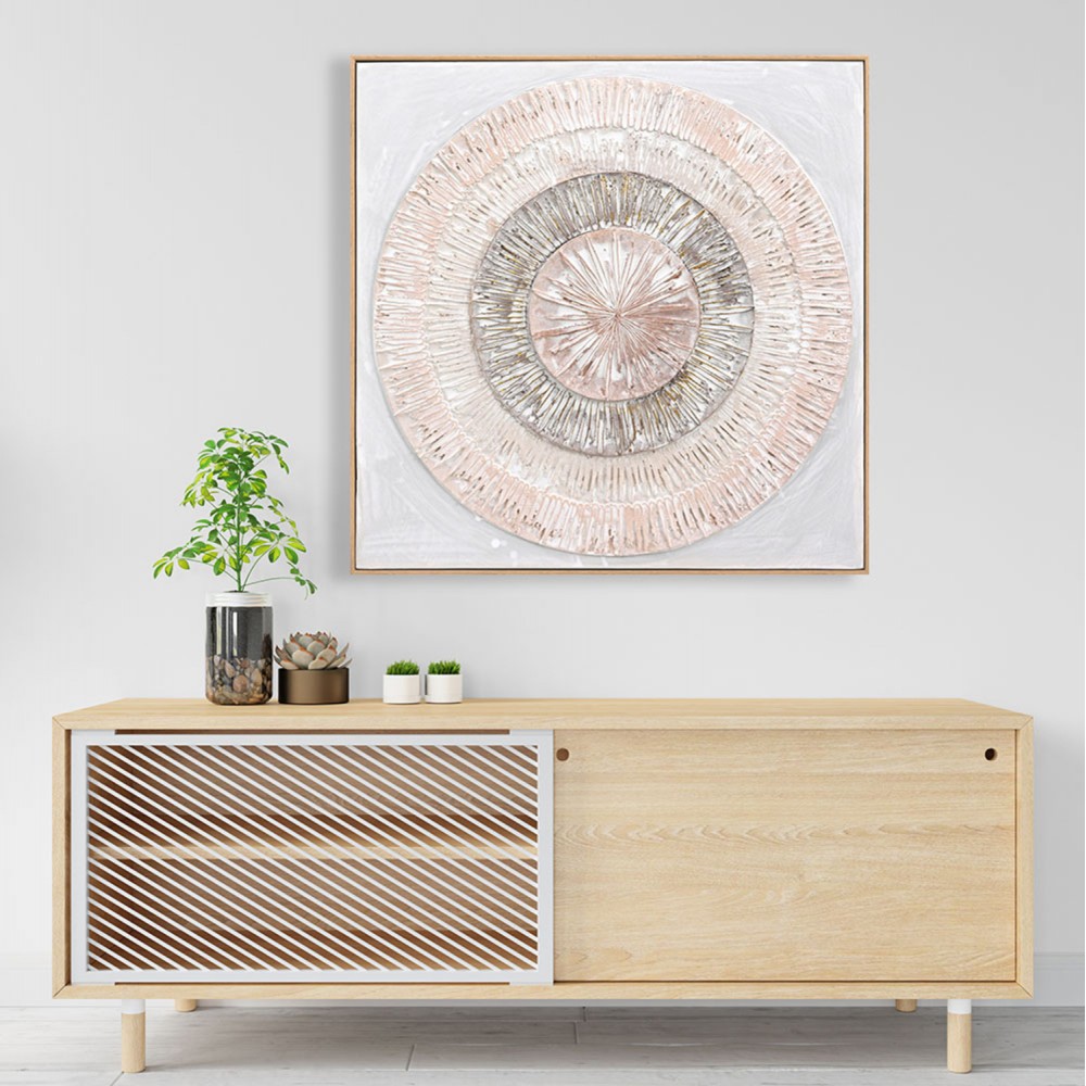 Πίνακας τοίχου 3D χειροποίητοι κύκλοι σε καμβά με κορνίζα σε χρώμα μπεζ 82x4.5Χ82