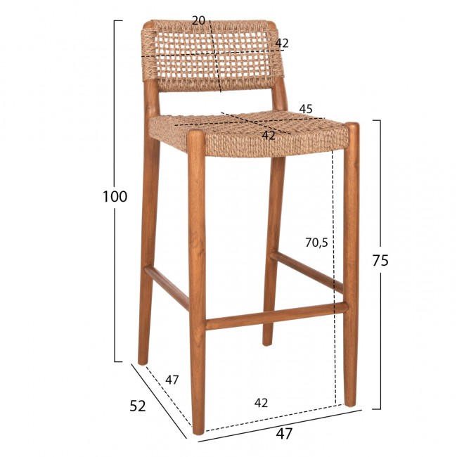 Σκαμπό μπαρ ''ROSCO'' από ξύλο/σχοινί σε χρώμα καρυδί/καφέ 47x52x100