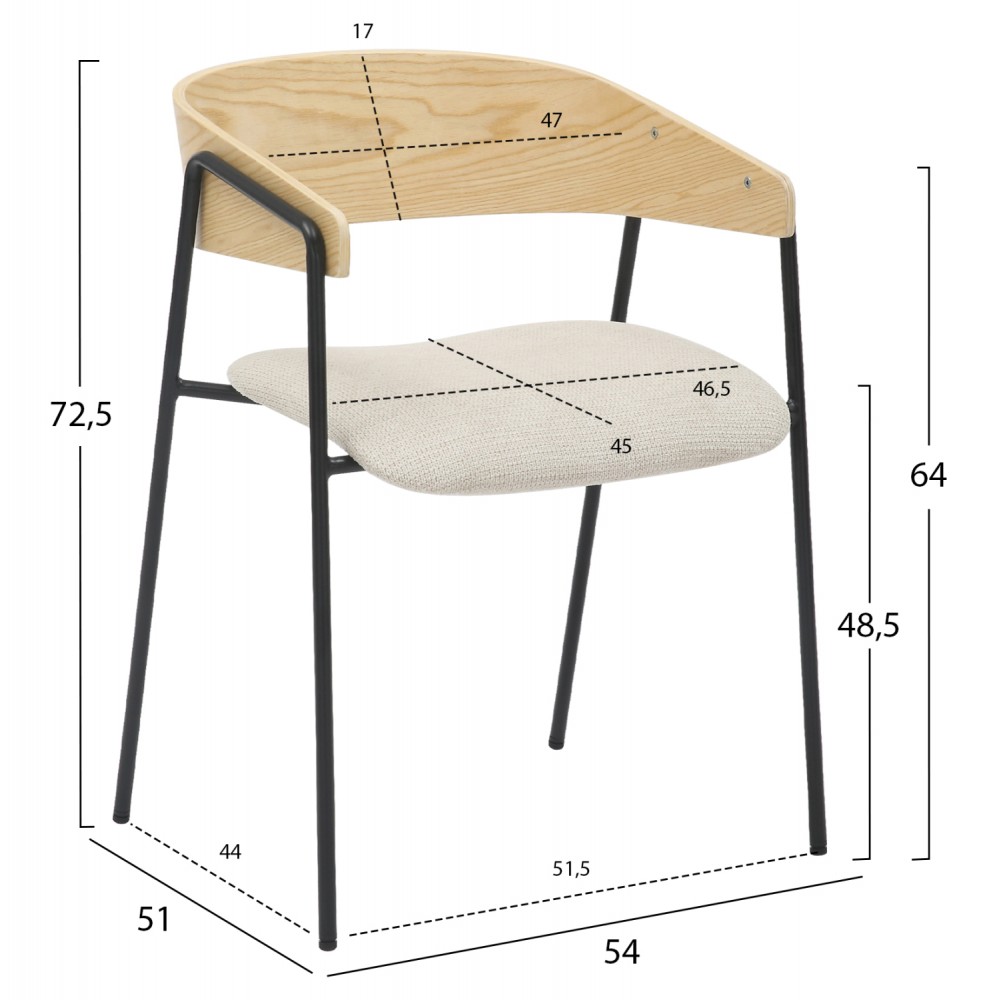 Πολυθρόνα τραπεζαρίας ''KORIN'' από μέταλλο/ύφασμα/ξύλο σε χρώμα μαύρο/μπεζ/φυσικό 54x51x72,5