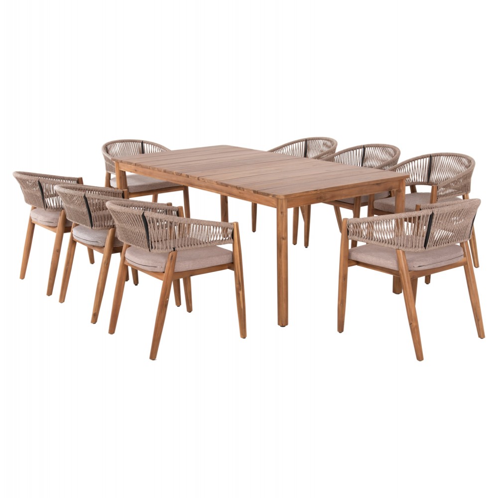 Σετ τραπεζαρίας "NAVANT" 9τμχ από ξύλο/σχοινί σε χρώμα φυσικό/μπεζ 200x100x75
