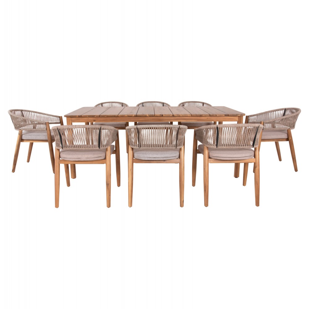 Σετ τραπεζαρίας "NAVANT" 9τμχ από ξύλο/σχοινί σε χρώμα φυσικό/μπεζ 200x100x75