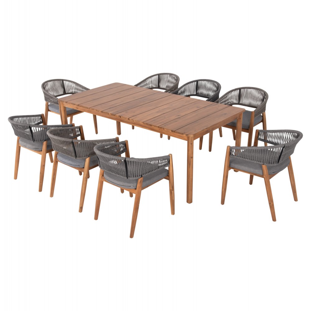 Σετ τραπεζαρίας "NAVANT" 9τμχ από ξύλο/σχοινί σε χρώμα φυσικό/γκρι 200x100x75