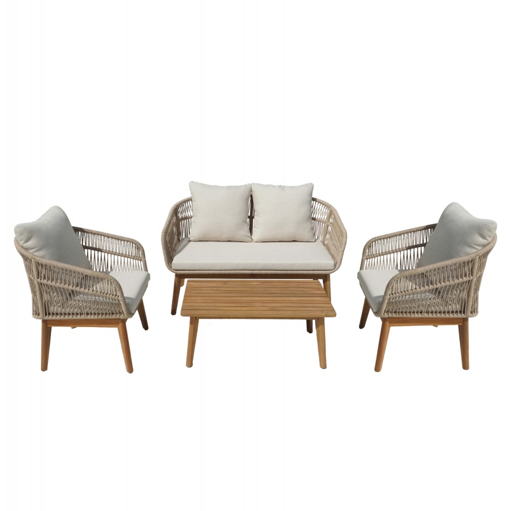 Σετ σαλονιού "FRANKY" 4τμχ από ξύλο/σχοινί σε χρώμα φυσικό/μπεζ 132x71x80