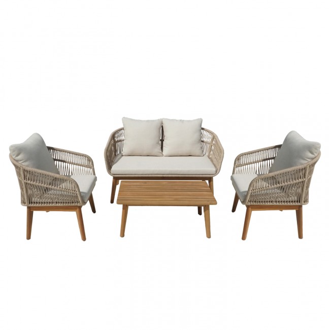 Σετ σαλονιού "FRANKY" 4τμχ από ξύλο/σχοινί σε χρώμα φυσικό/μπεζ 132x71x80