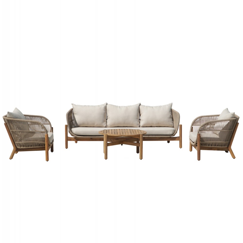 Σετ εξωτερικού χώρου "SANJI" 4τμχ από ξύλο/σχοινί σε χρώμα φυσικό/μπεζ Φ80x41