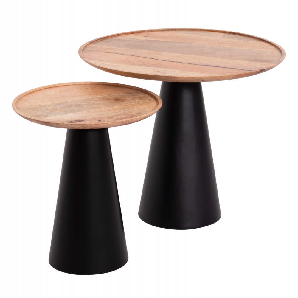 Σετ τραπέζια σαλονιού "RIFF" 2τμχ από μέταλλο/ξύλο σε χρώμα μαύρο/φυσικό Φ60 & Φ40