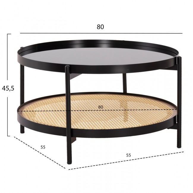 Τραπέζι σαλονιού "SEITZ" από μέταλλο/rattan/γυαλί σε χρώμα μαύρο/φυσικό Φ80x45