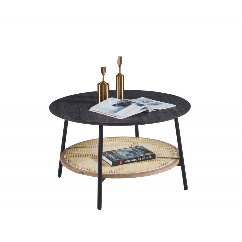 Τραπέζι σαλονιού "SEWELL" από mdf/rattan/μέταλλο σε χρώμα ζεμπράνο/φυσικό Φ80x46