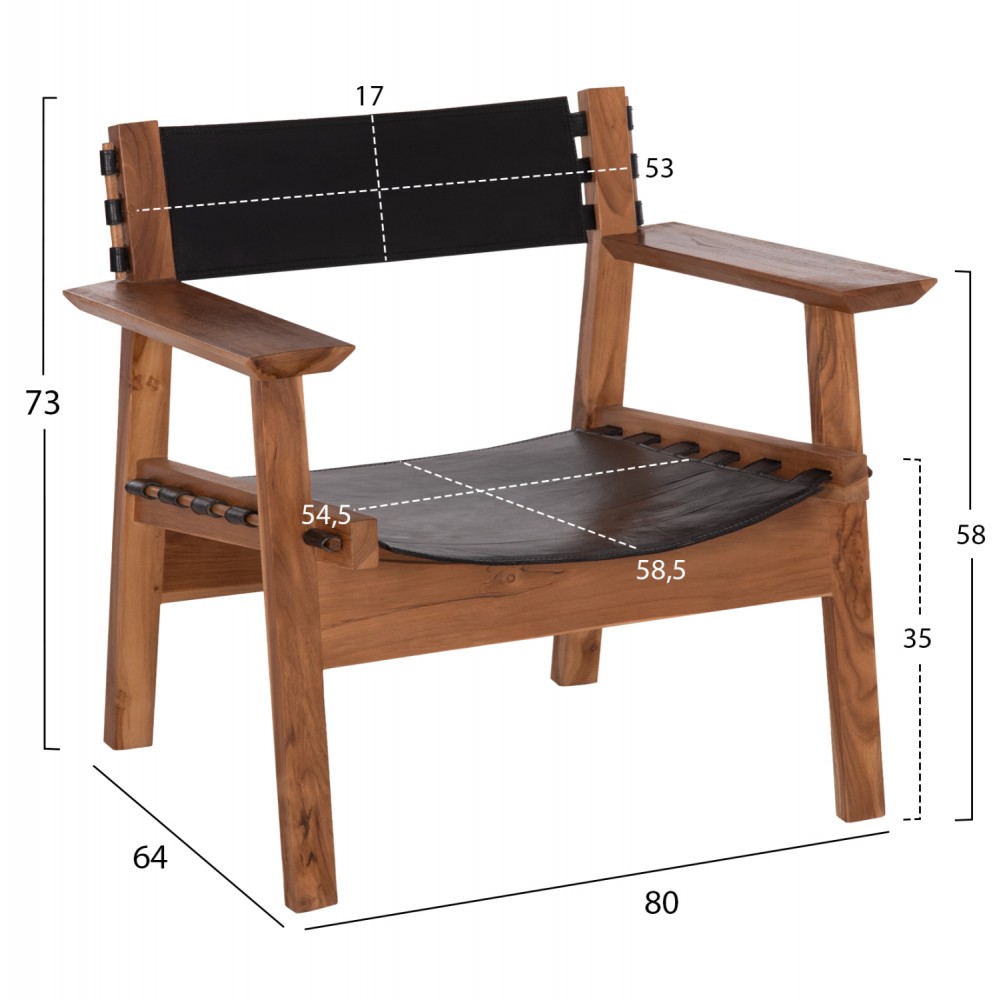 Πολυθρόνα "KONNA" από ξύλο/δέρμα σε χρώμα φυσικό/μαύρο 80x64x73