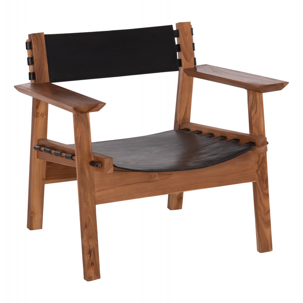 Πολυθρόνα "KONNA" από ξύλο/δέρμα σε χρώμα φυσικό/μαύρο 80x64x73