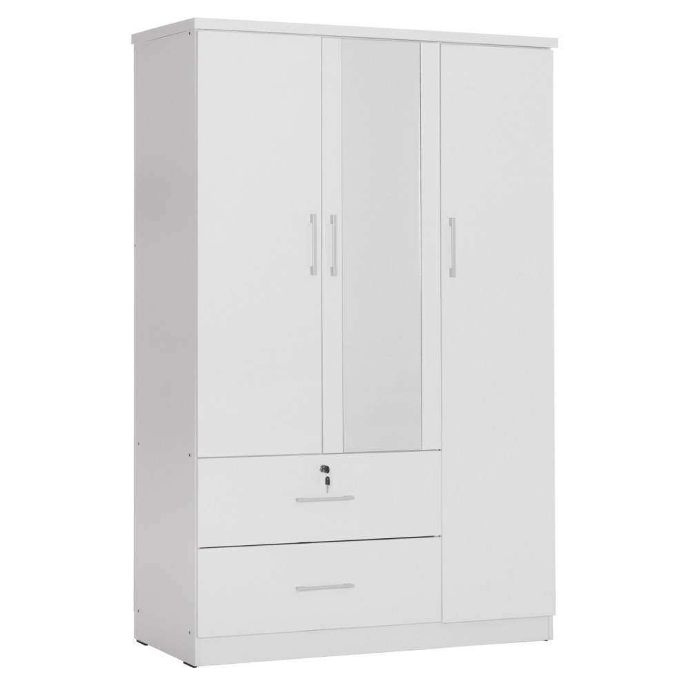 Ντουλάπα τρίφυλλη "JARRY" με καθρέπτη σε χρώμα λευκό 119x48x183