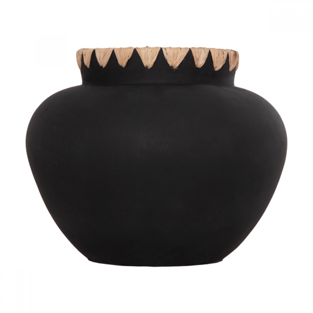 Διακοσμητικό βάζο "RENTON(L)" από τερακότα/ψάθα σε χρώμα μαύρο/φυσικό Φ32x26.5
