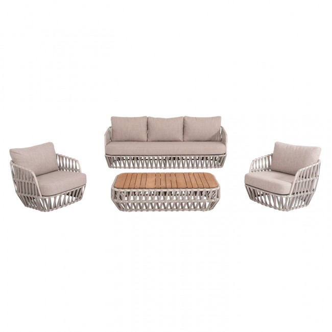 Σετ σαλόνι εξ. χώρου "SABO" 4τμχ από αλουμίνιο/ξύλο σε χρώμα κρεμ/φυσικό 126x74x31