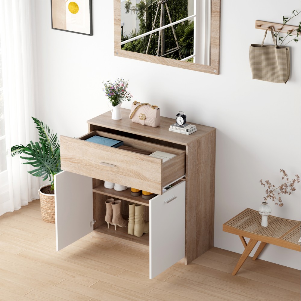 Παπουτσοθήκη "DIONNE" με συρτάρι σε χρώμα σονόμα/λευκό 80x35x84