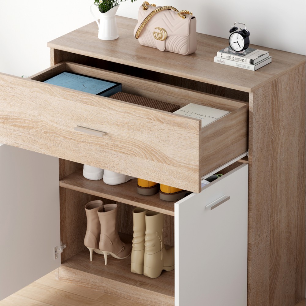 Παπουτσοθήκη "DIONNE" με συρτάρι σε χρώμα σονόμα/λευκό 80x35x84