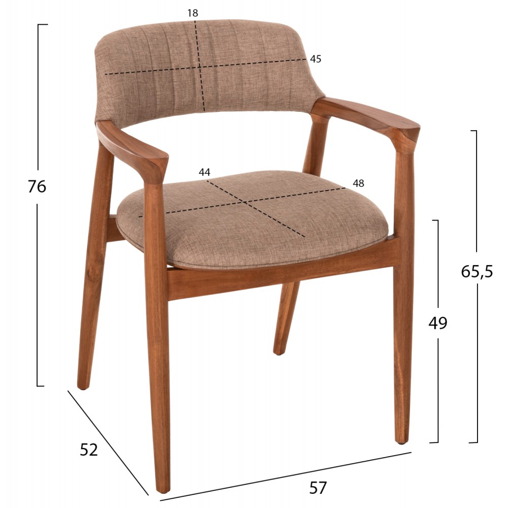 Πολυθρόνα τραπεζαρίας "JAMES" από ξύλο teak/ύφασμα σε χρώμα φυσικό/σαμπανί 57x52x76