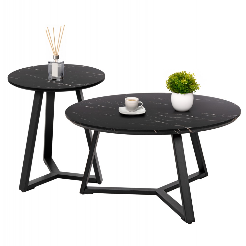 Σετ τραπέζια σαλονιού "ROCKET" 2τμχ από mdf/μέταλλο σε χρώμα μαύρο μαρμάρου Φ80&Φ45