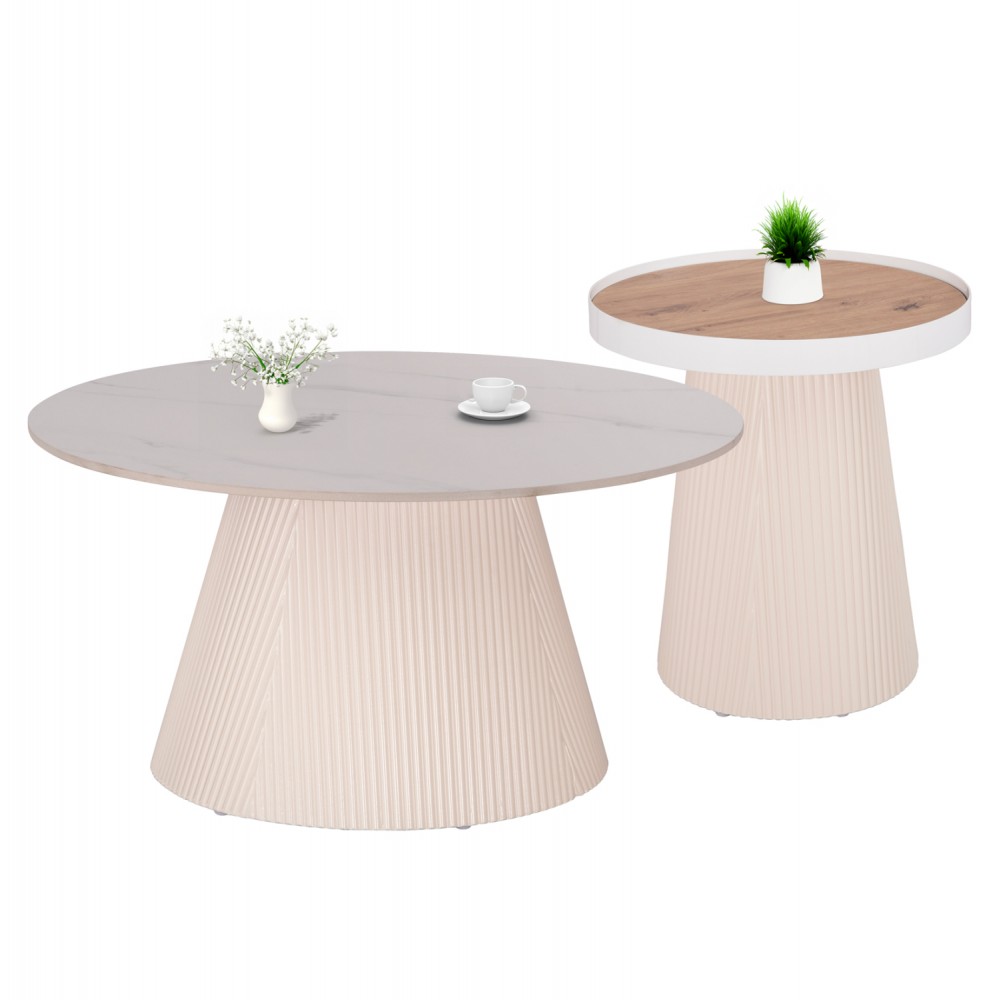 Σετ τραπέζια σαλονιού "DUNCAN" από mdf/κεραμικό σε χρώμα κρεμ/φυσικό Φ80&Φ45