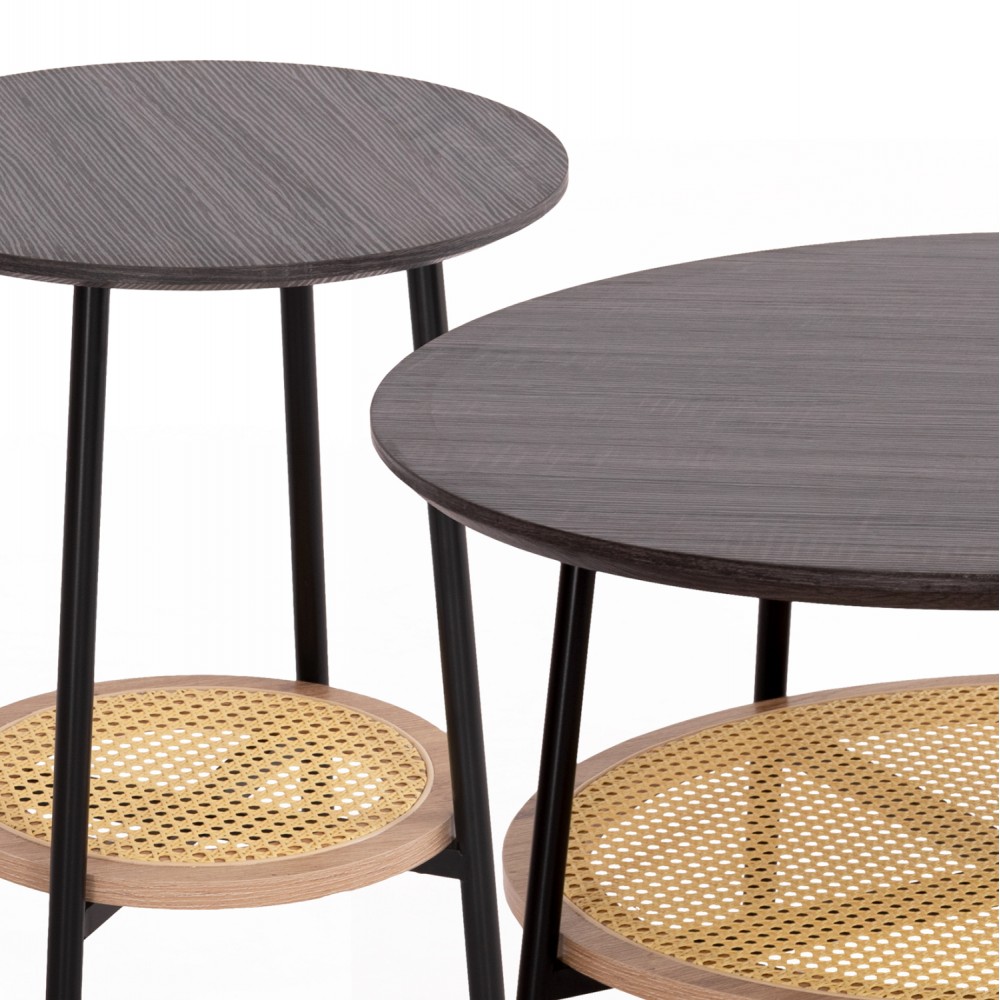 Σετ τραπέζια σαλονιού "SEWELL" από mdf/μέταλλο/rattan σε χρώμα ζεμπράνο/μαύρο/φυσικό Φ80&Φ45