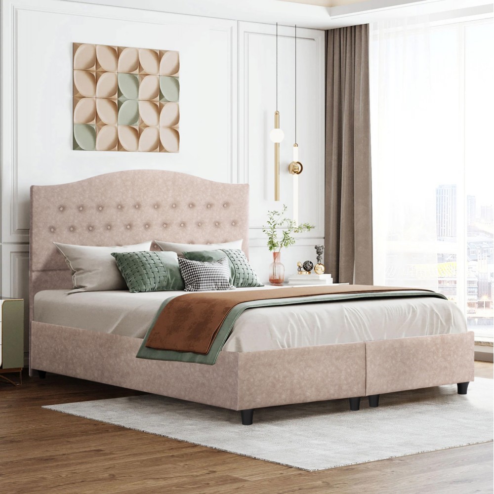 Κρεβάτι διπλό "MALENA" από ξύλο/ύφασμα σε χρώμα μπεζ 150x200