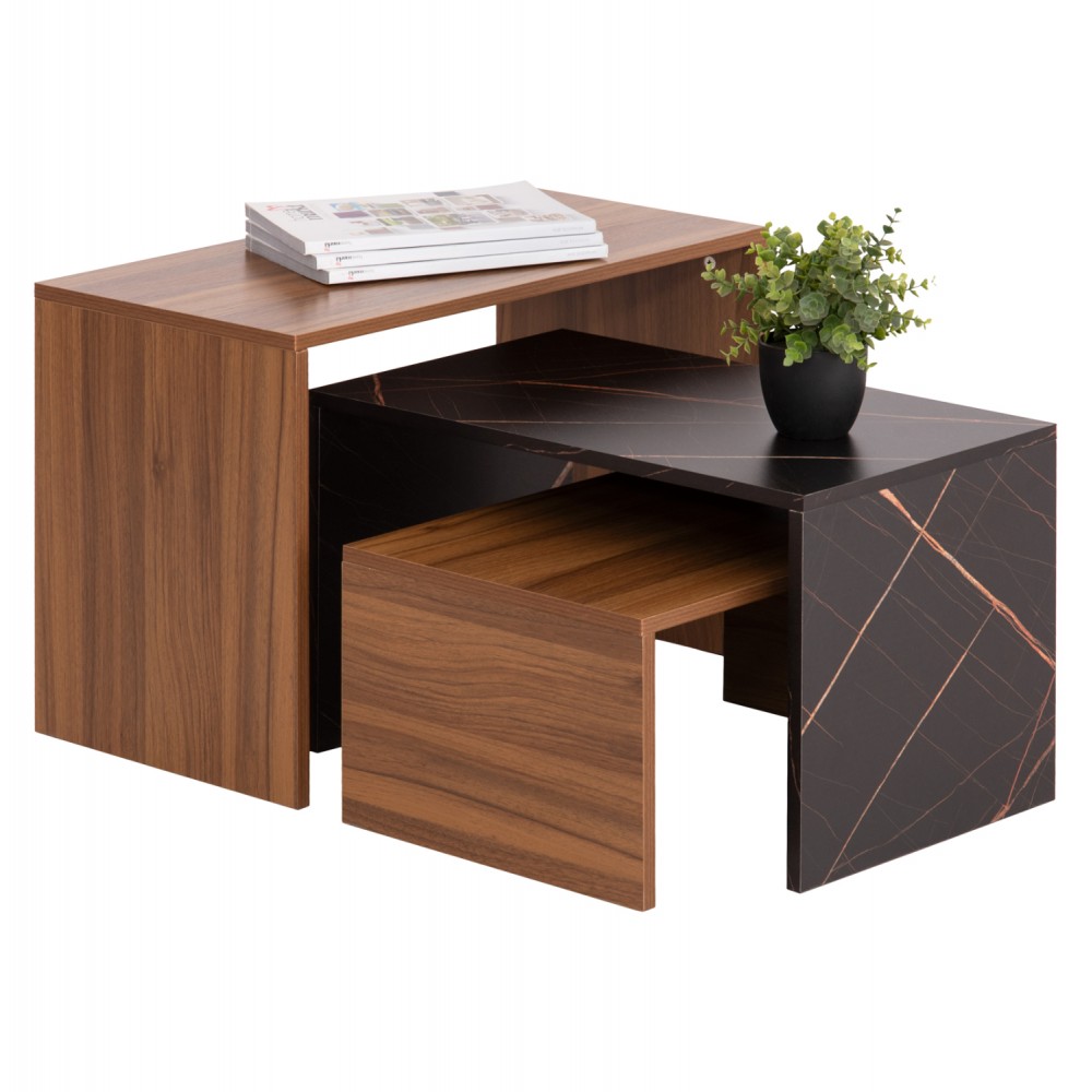 Τραπέζι σαλονιού 3τμχ "BENTIL" σε χρώμα καρυδί/μαύρο μαρμάρου 65x35x45