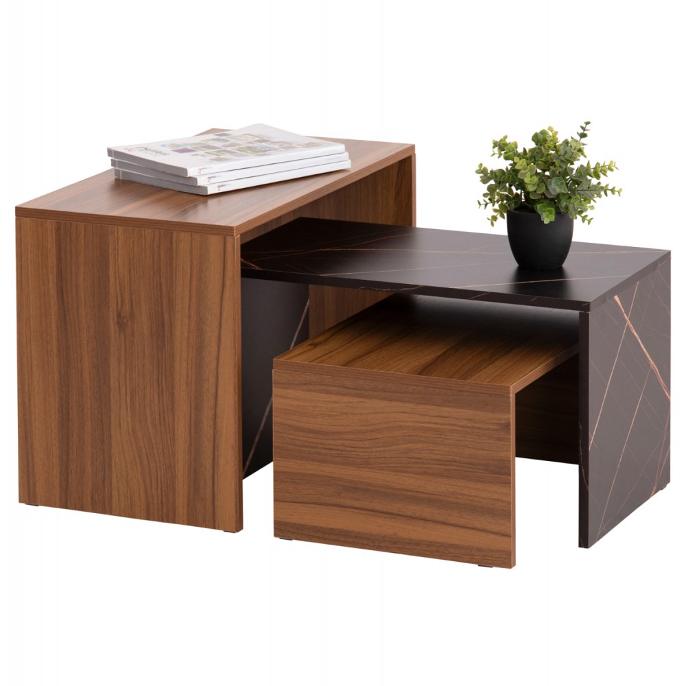 Τραπέζι σαλονιού 3τμχ "BENTIL" σε χρώμα καρυδί/μαύρο μαρμάρου 65x35x45